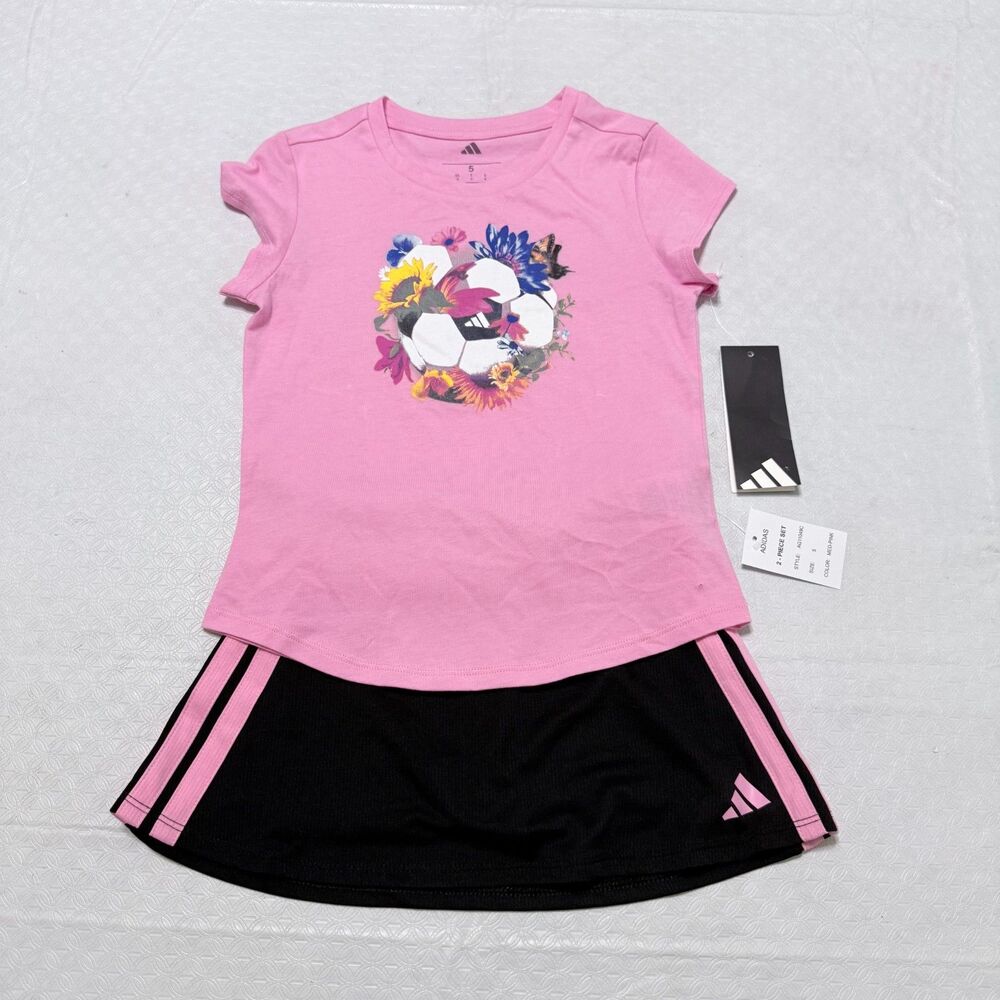 Adidas Girls Soccer Graphic T-Shirt & Skort Set Pink Black Size 5 NWT
